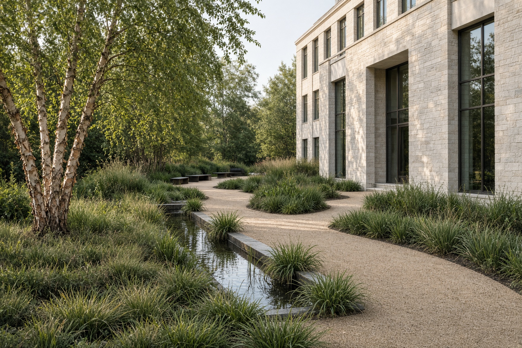 Corporate plaza with a reflecting pool, grasses, and a stone pavilion