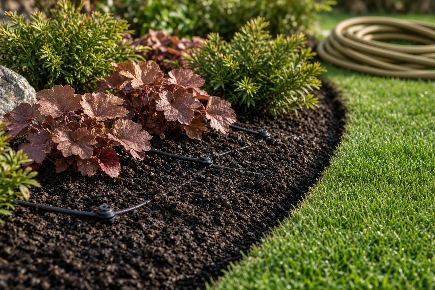 A freshly cut bed edge where dark mulch meets turf, with shrubs and drip irrigation