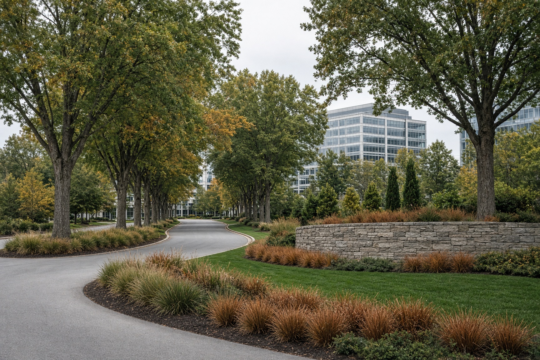 Office park entry drive lined with mature trees and a stone monument wall