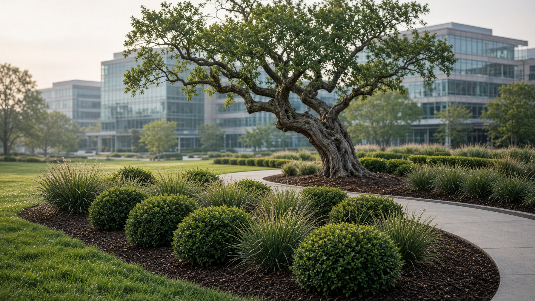 Morning light on a commercial campus: a mature oak, sculpted beds, and glass offices beyond