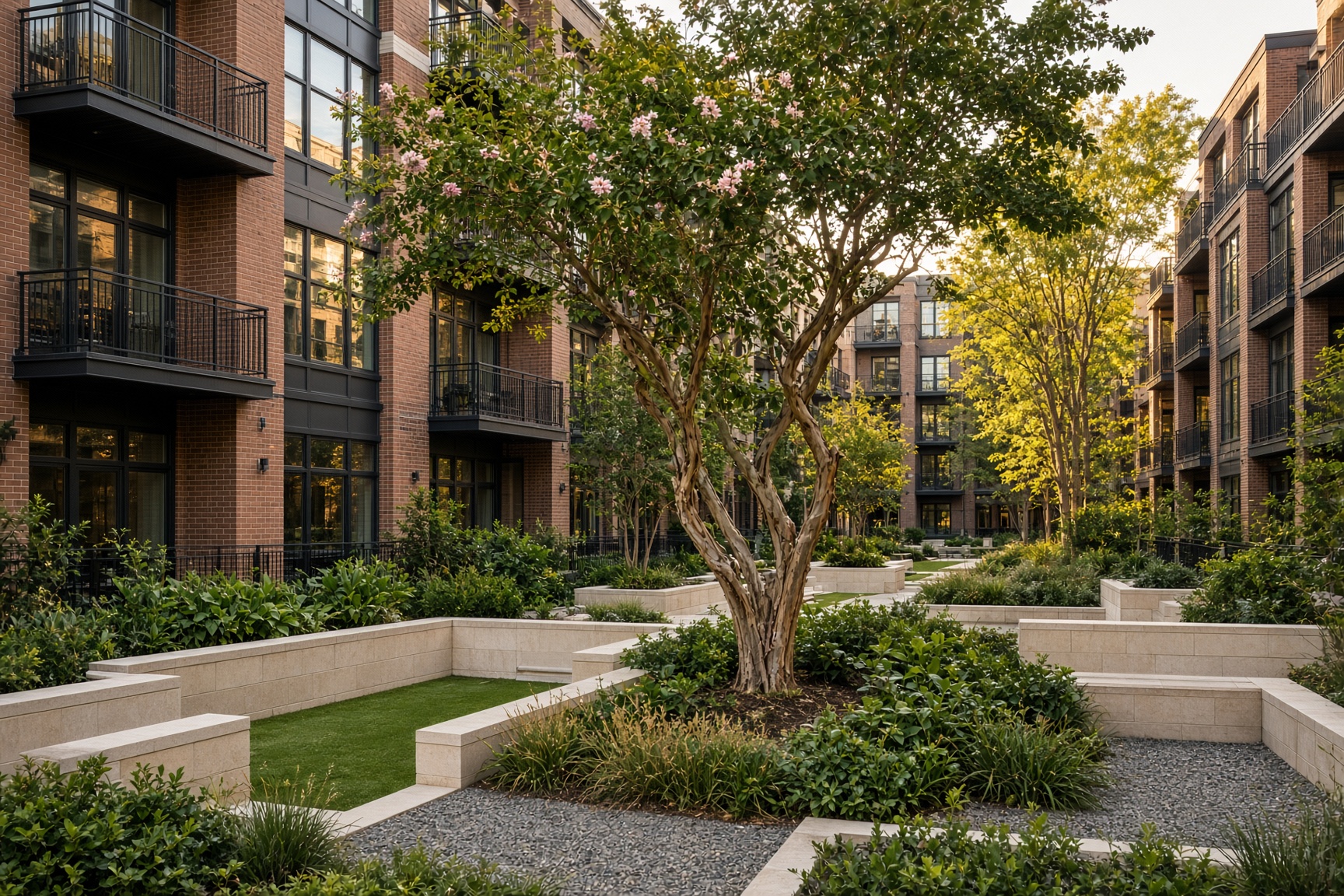 Multifamily courtyard with layered planting, a central tree, and limestone seat walls